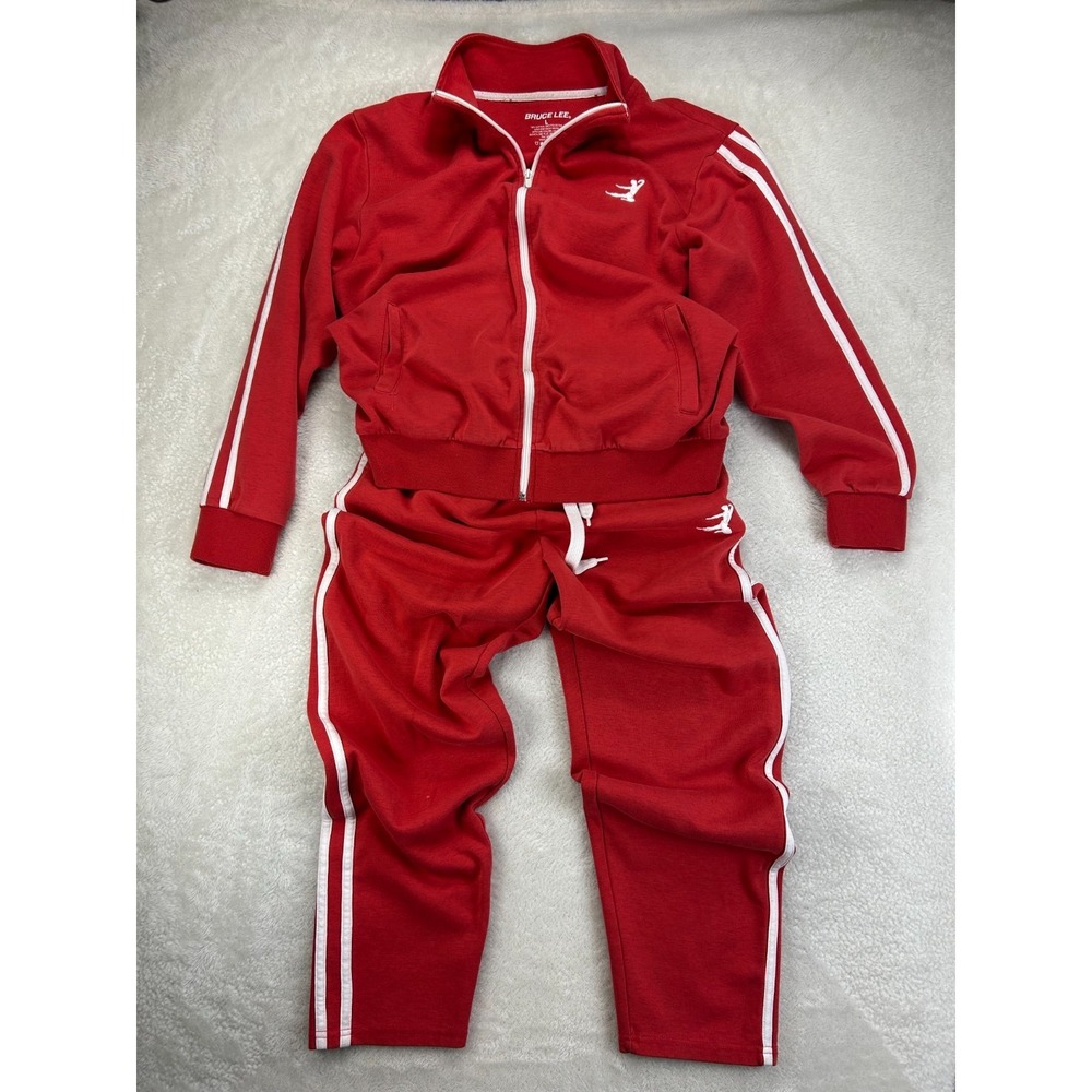 Bruce Lee Tracksuit Set Mens L Red White Striped Jacket Pants Flying Kick "Read"